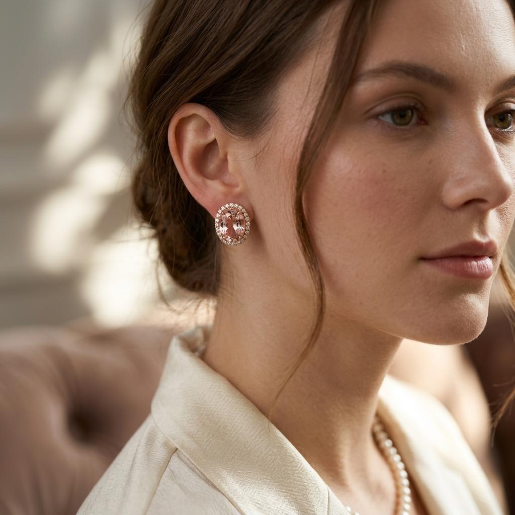 Rose Gold Peach Halo Studs — on model