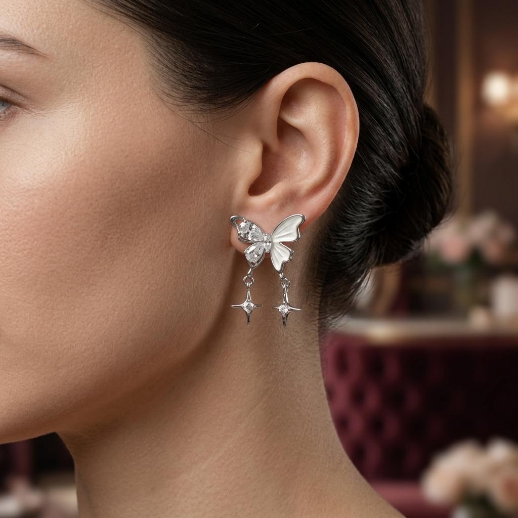 White Enamel Butterfly Star Drops — on model