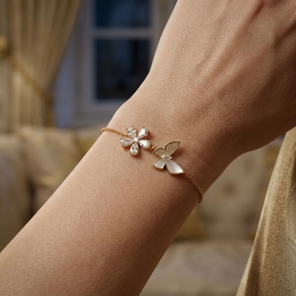 Gold Sparkling Flower White Butterfly