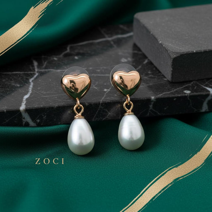 Rose Gold Heart Pearl Drops