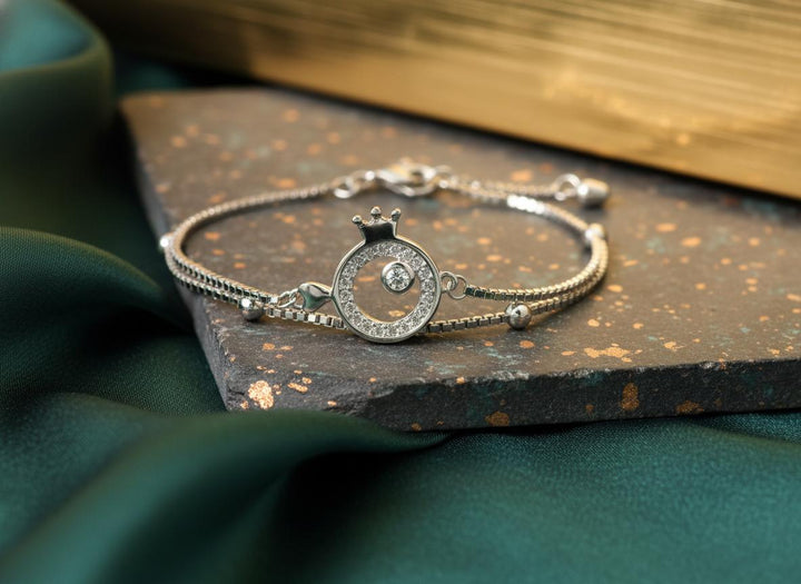 Silver Crowned Ring Double Chain Bracelet