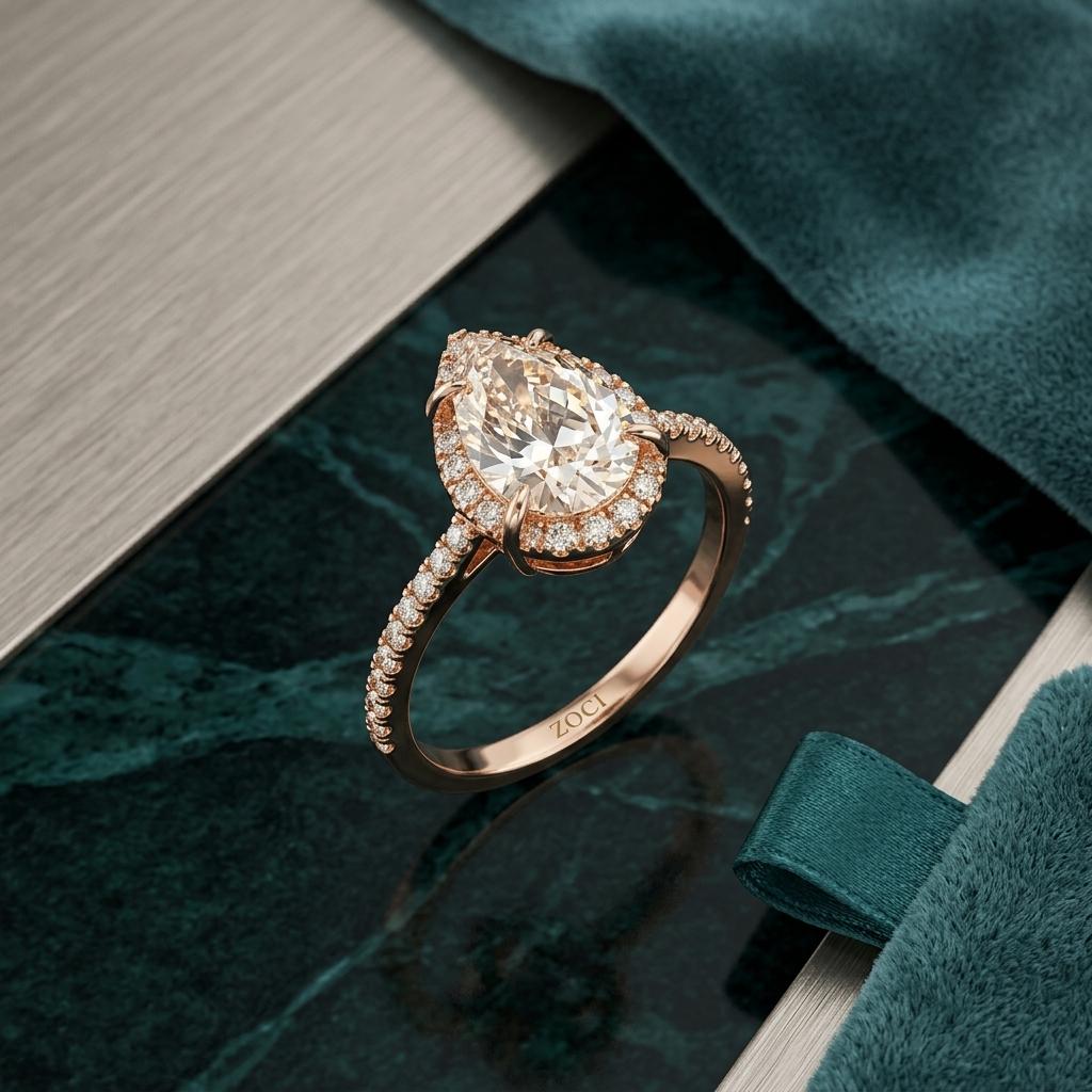 Rose Gold Pavé Pear Halo Ring — styled
