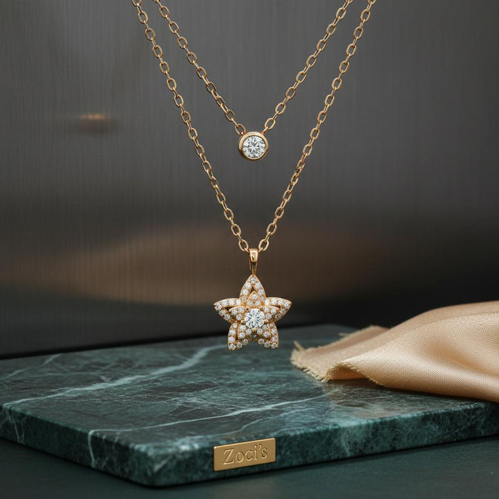 Rose Gold Layered Star Solitaire Necklace