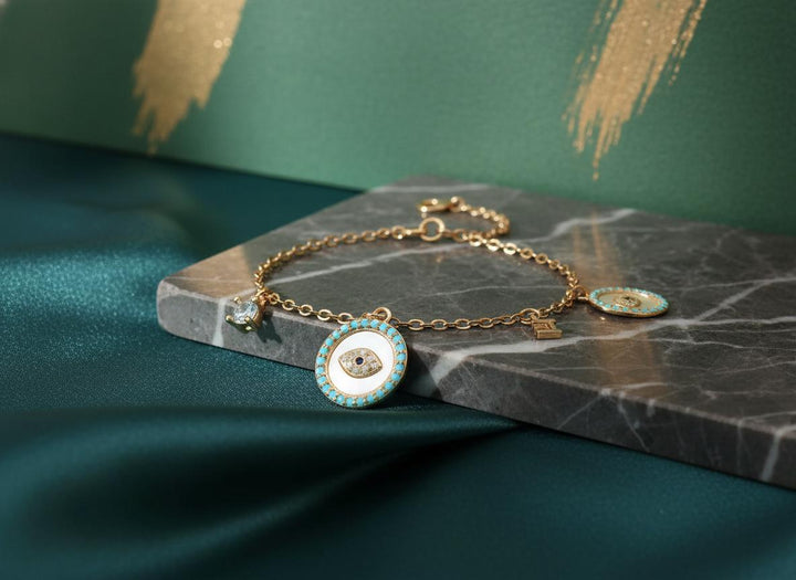 White Enamel Turquoise Evil Eye Charm Bracelet
