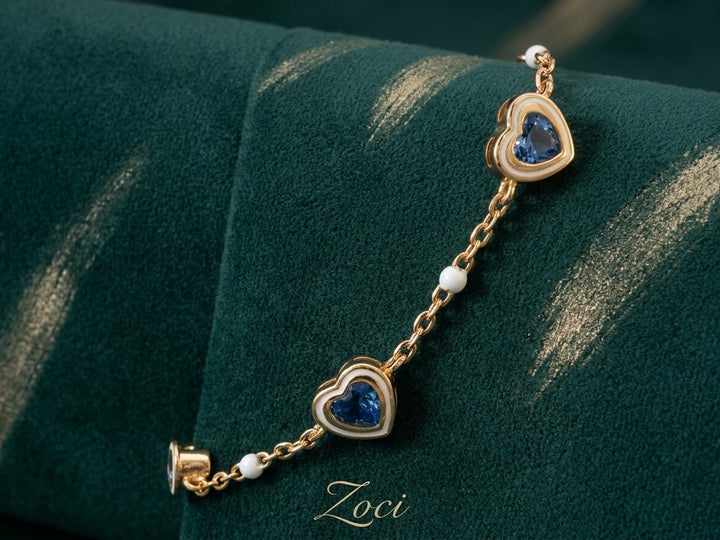 Gold Chain White Beaded Blue Hearts