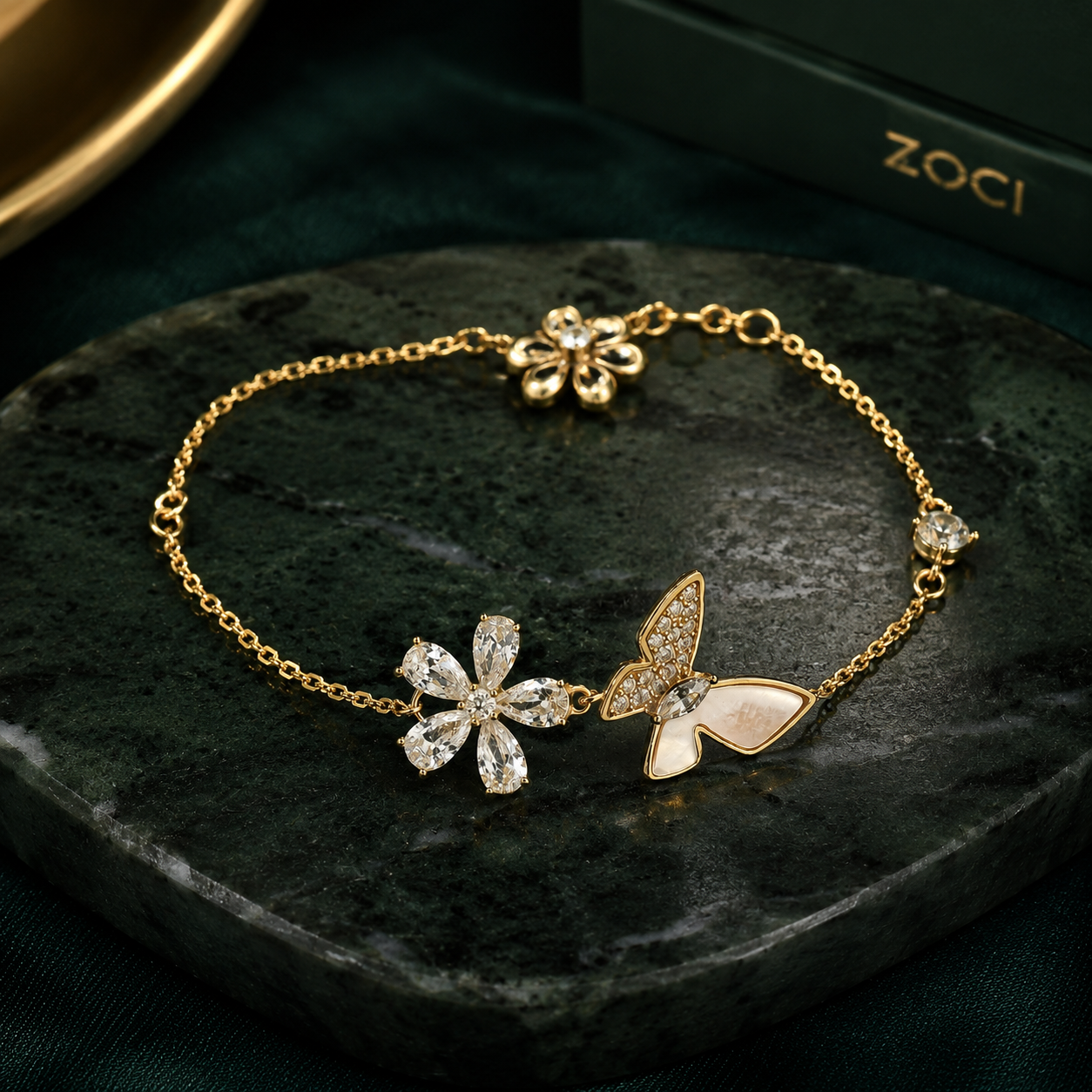 Gold Sparkling Flower White Butterfly
