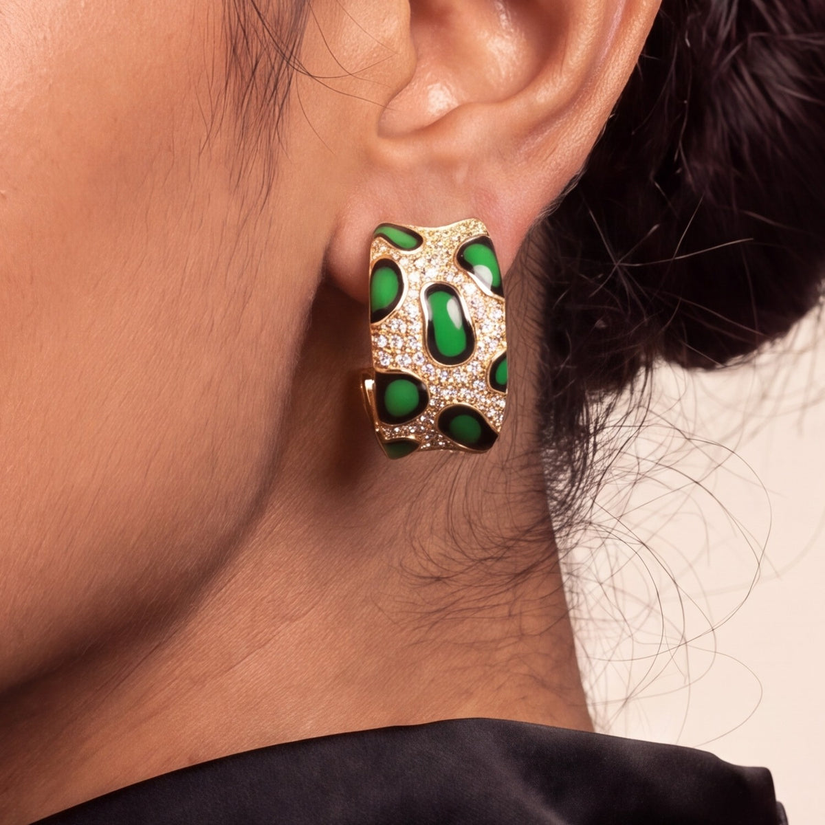 Close-up of the leopard hoop on the ear